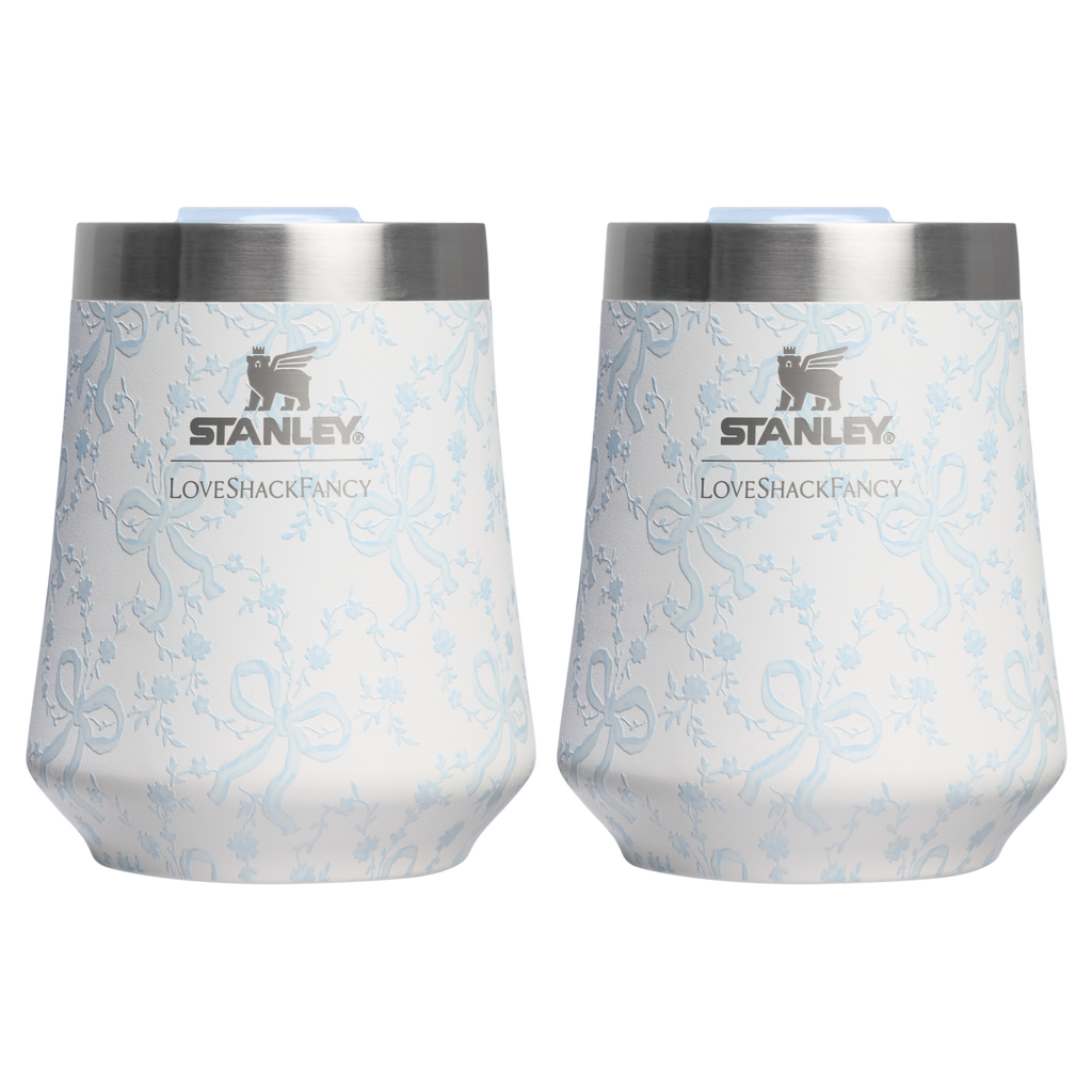 Shatterproof Luxury Stanley 1913 x LoveShackFancy Holiday The Reserve Wine Tumbler Set | 2-pack D205C - Shatterproof Flavor-Preserving Cocktail Tumbler with Lid - Coquette Bow Winter Ice